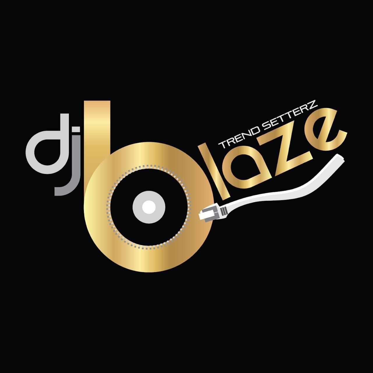 DJ Blaze logo with gold and silver text and turntable graphics on a black background.